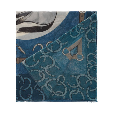 Bontoni Fringed Cashmere Scarf with Horse Print in Blue - SARTALE