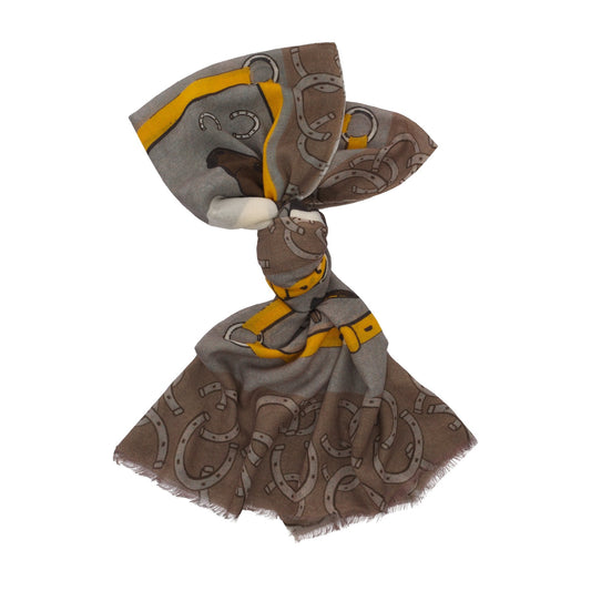 Bontoni Fringed Cashmere Scarf with Horse Print in Brown - SARTALE