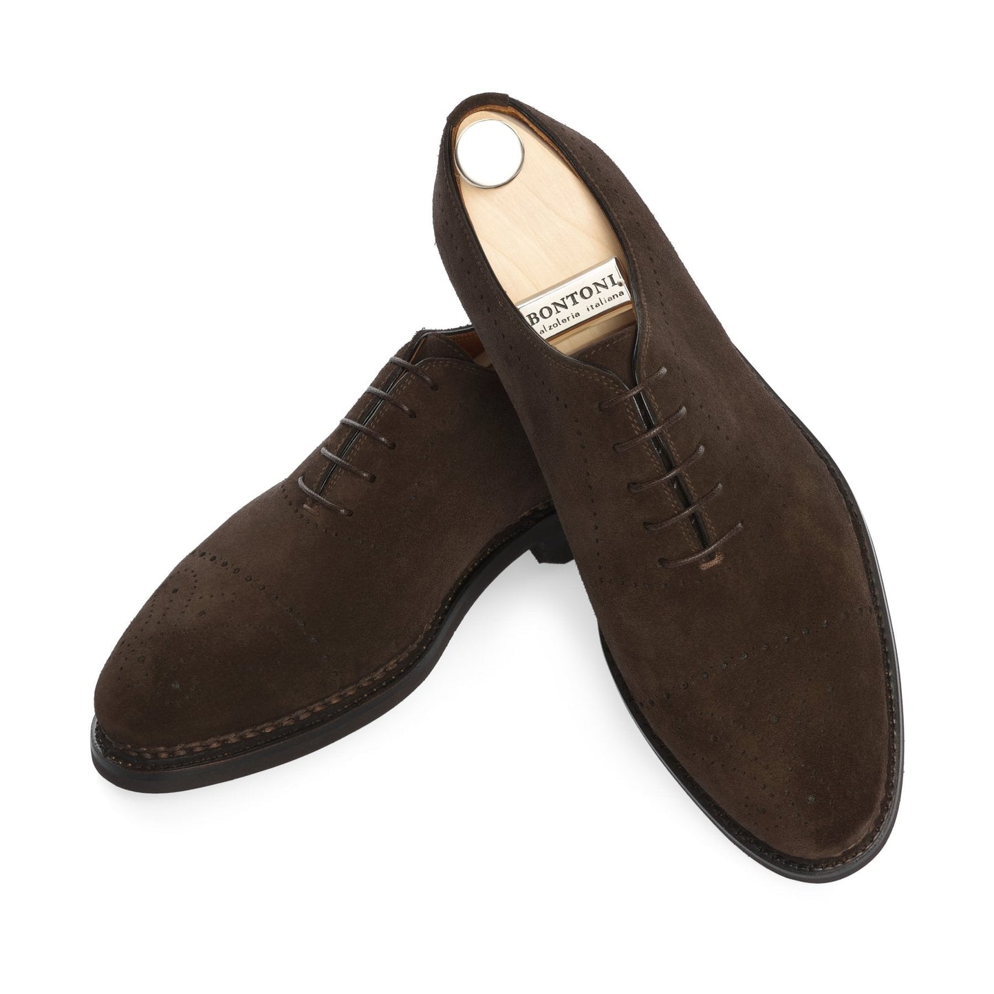 Bontoni «Brera» Five-Eyelet Oxford Suede Shoes with Perforated Details and Medallion in Dark Brown - SARTALE