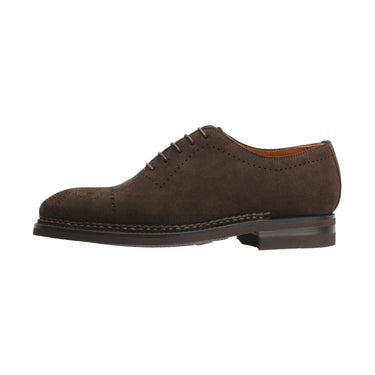 Bontoni «Brera» Five-Eyelet Oxford Suede Shoes with Perforated Details and Medallion in Dark Brown - SARTALE