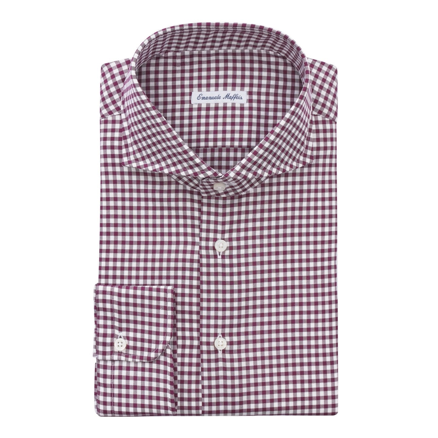 Emanuele Maffeis Gingham-Check Cotton Burgundy Shirt with Shark Collar - SARTALE