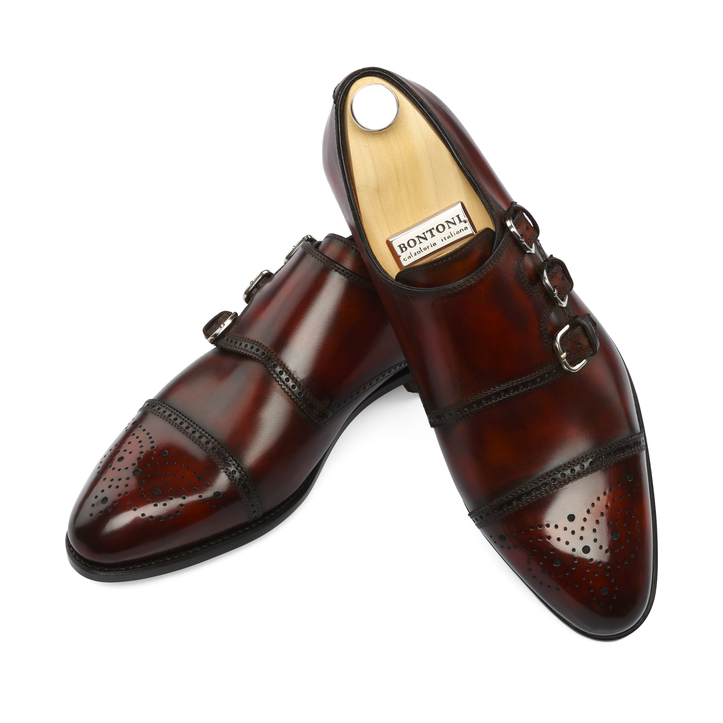 Bontoni "Excelsior" Triple-Buckle Monk with Perforated Details and Medallion - SARTALE