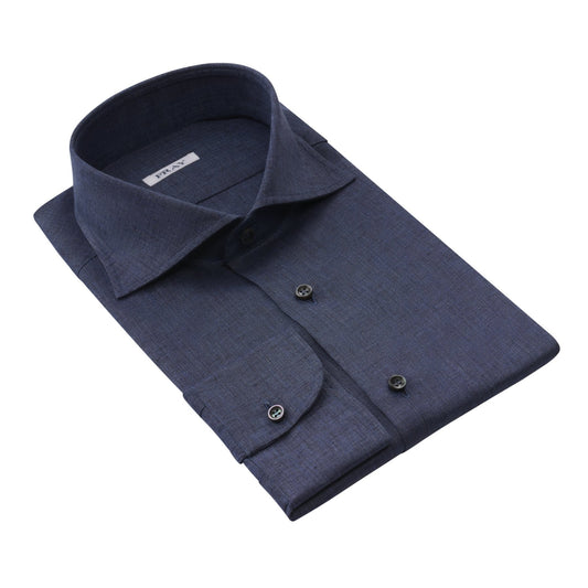 Fray Linen Denim Blue Shirt with Round French Cuff - SARTALE