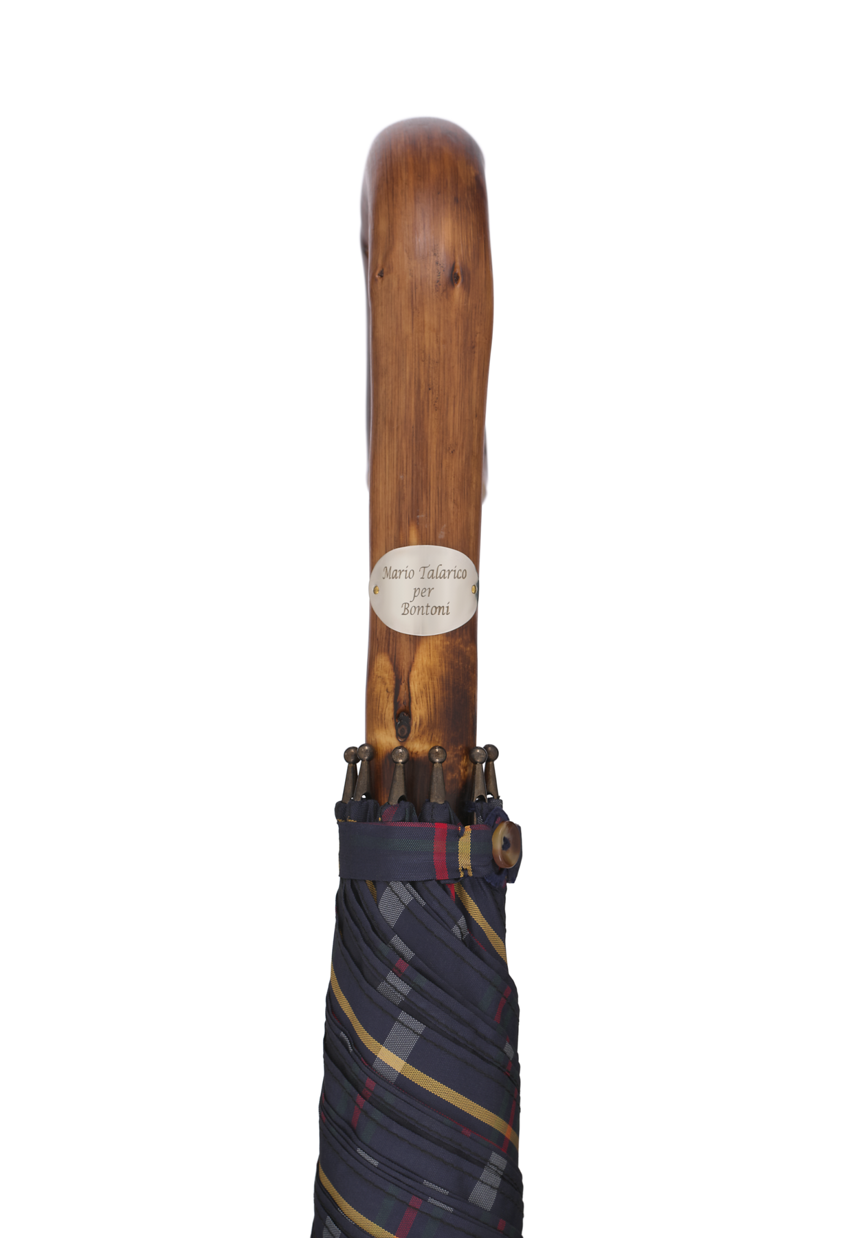 Bontoni Chestnut Wood-Handle Checked Umbrella in Blue - SARTALE