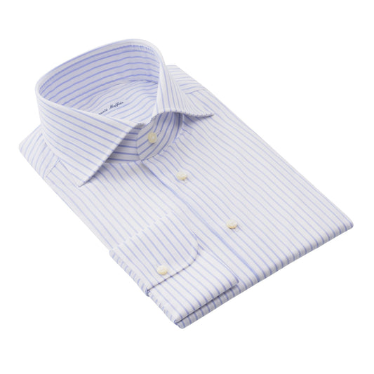Emanuele Maffeis Striped Cotton White and Blue Shirt with Cutaway Collar - SARTALE