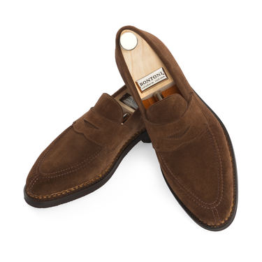 Bontoni "Principe" Penny Suede Loafer with Hand Stitched Details and Split Toe in Brown - SARTALE