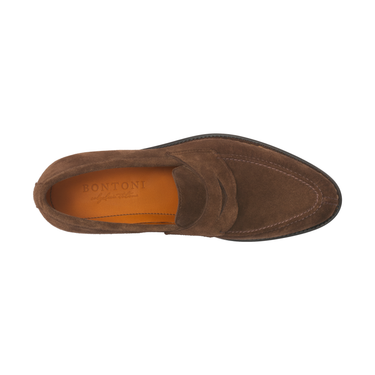 Bontoni "Principe" Penny Suede Loafer with Hand Stitched Details and Split Toe in Brown - SARTALE