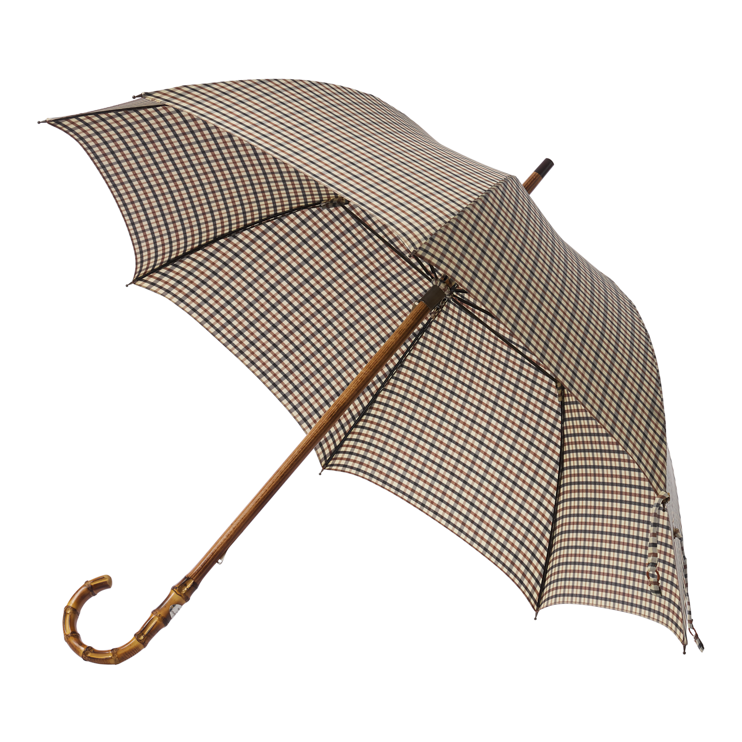 Swan-Neck Mounted Bamboo-Handle Checked Umbrella in Brown