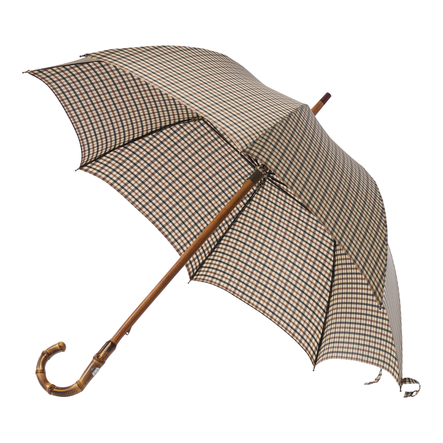 Karierter Regenschirm mit Schwanenhals und Bambusgriff in Braun