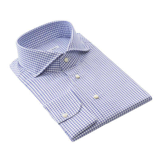 Emanuele Maffeis Finest Cotton Checked Blue Shirt with Shark Collar - SARTALE