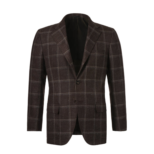 Kiton Single-Breasted Cashmere and Linen-Blend Windowpane Jacket in Brown - SARTALE