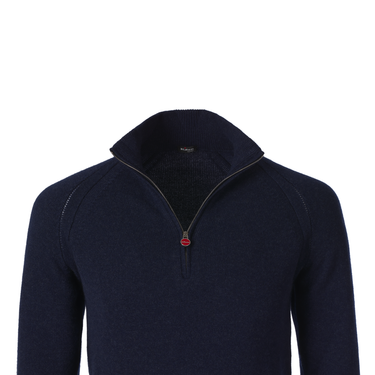 Kiton Cashmere High-Neck Sweater with Half-Zip in Blue - SARTALE