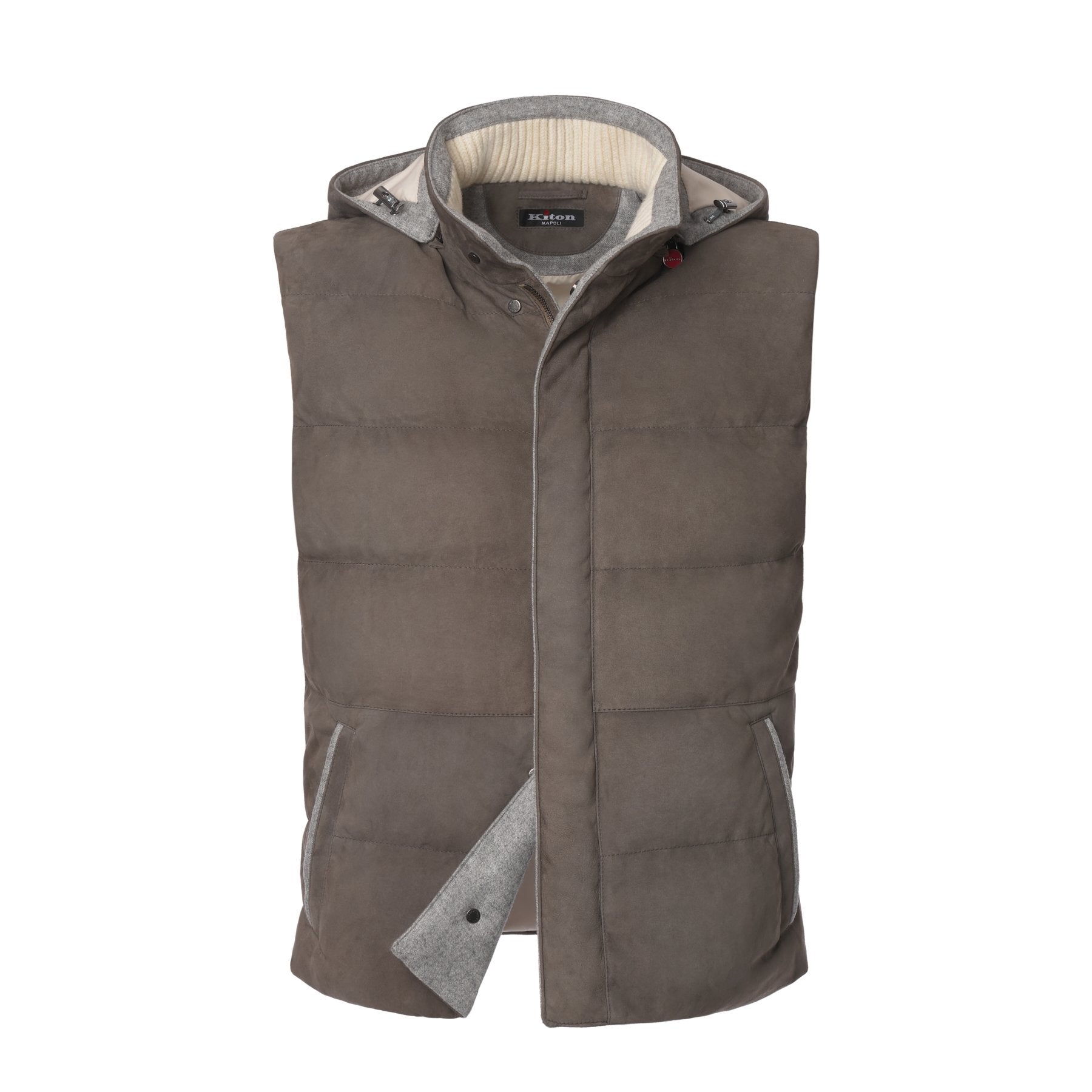 Quilted Hooded Suede Vest in Taupe
