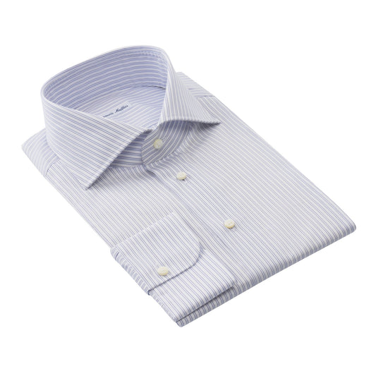 Emanuele Maffeis Finest Cotton Double-Stripe White and Blue Shirt with Cutaway Collar - SARTALE