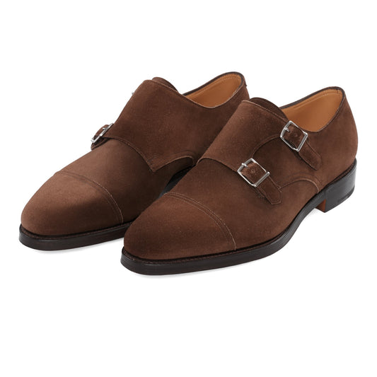 John Lobb "William" Suede Double Monk with Hand-Stitched Cap Toe in Dark Brown - SARTALE