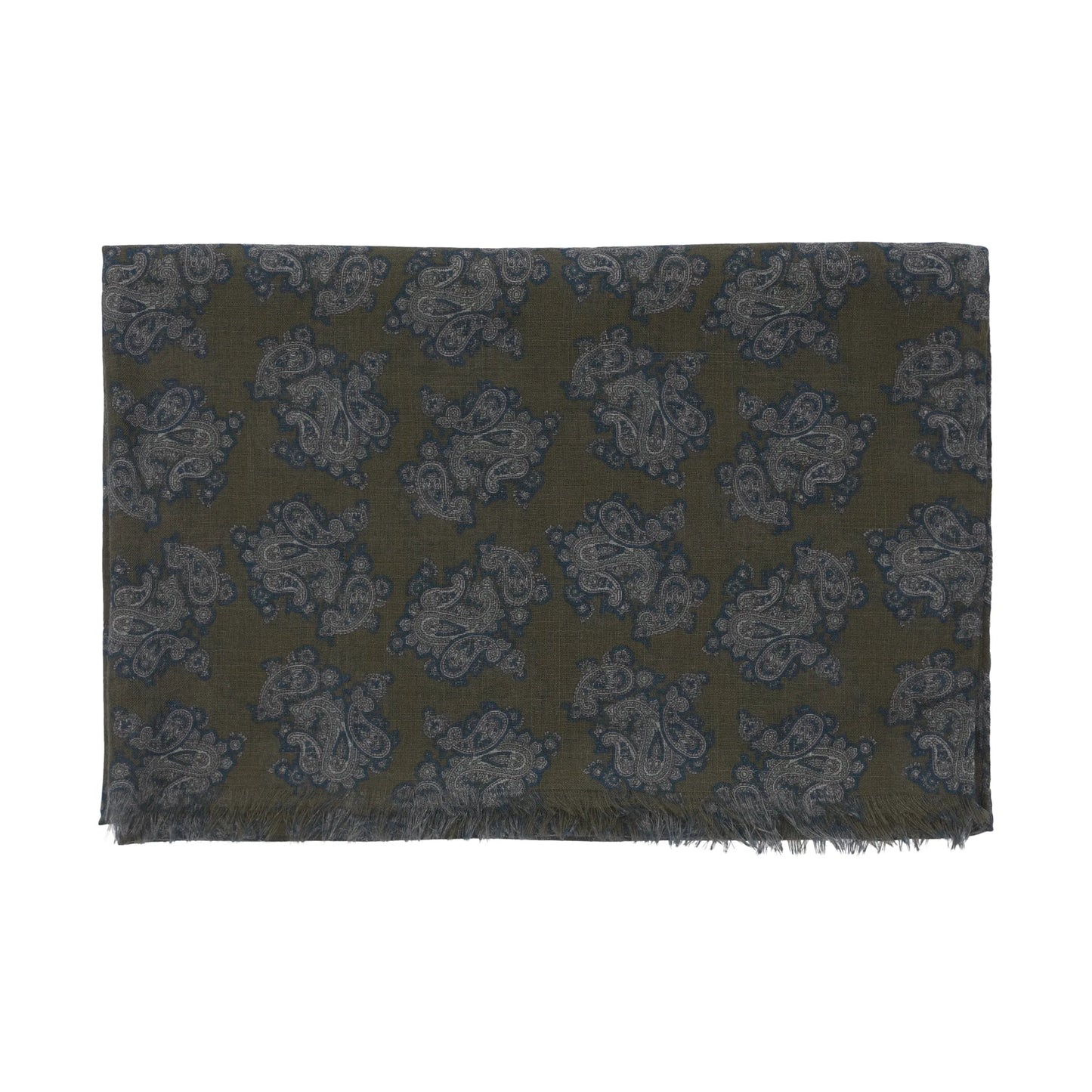 Cesare Attolini Fringed Paisley Cashmere and Cotton-Blend Scarf in Olive Green - SARTALE