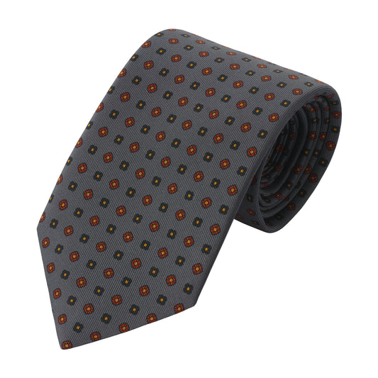 Drake's Printed Self-Tipped Silk Tie with Grey Design - SARTALE