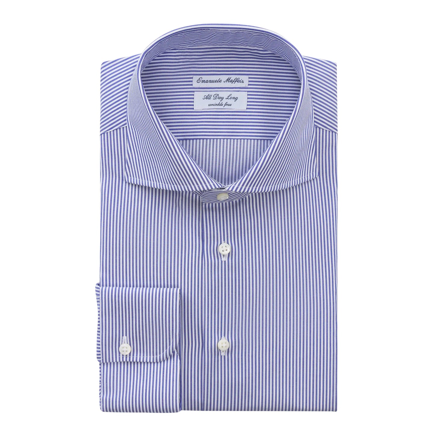 Emanuele Maffeis "All Day Long Collection" Bengal-Stripe Cotton Blue Shirt with Cutaway Collar - SARTALE