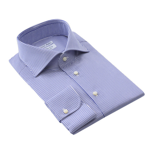 Emanuele Maffeis "All Day Long Collection" Bengal-Stripe Cotton Blue Shirt with Cutaway Collar - SARTALE