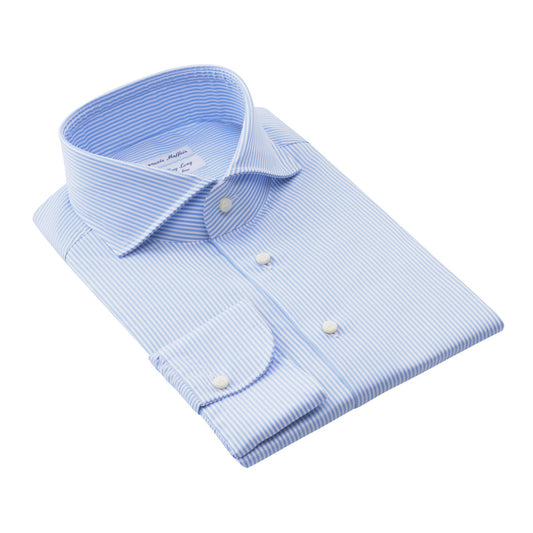Emanuele Maffeis "All Day Long Collection" Bengal-Stripe Cotton Light Blue Shirt with Shark Collar - SARTALE