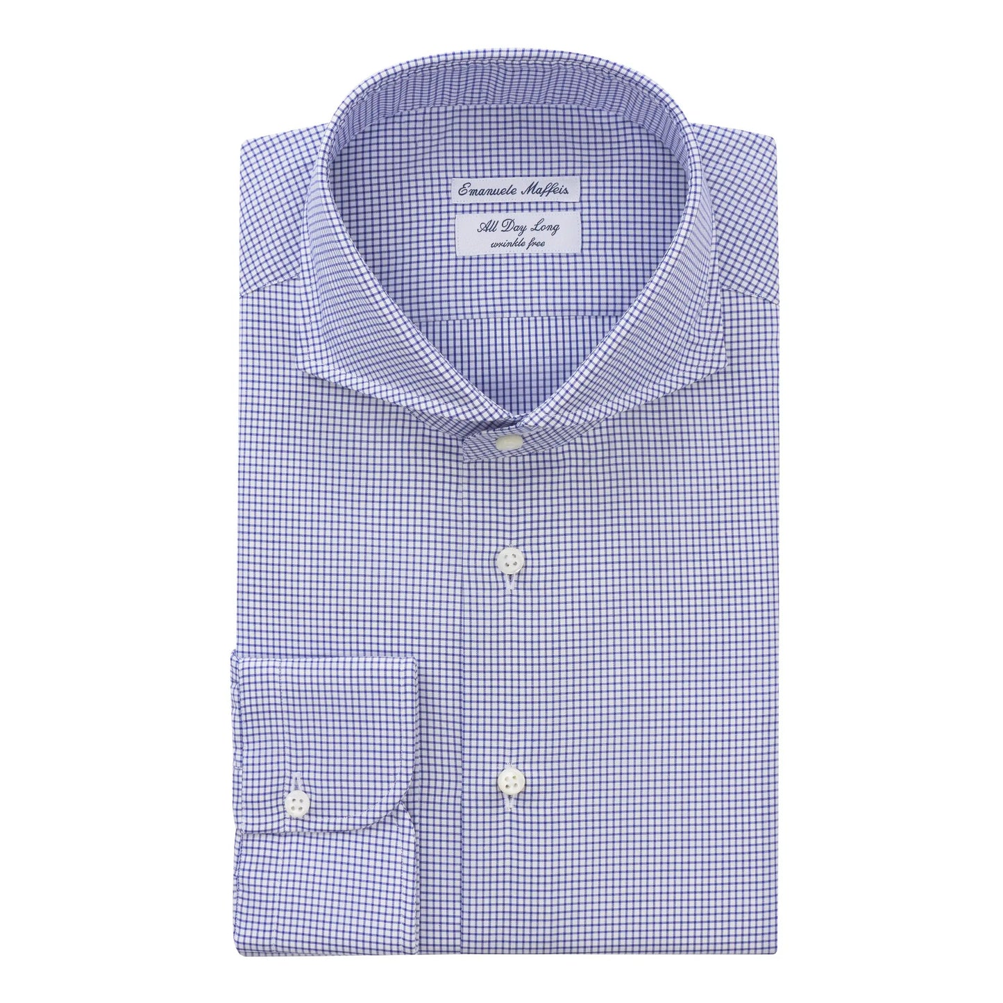 Emanuele Maffeis "All Day Long Collection" Checked Cotton Blue Shirt with Shark Collar - SARTALE