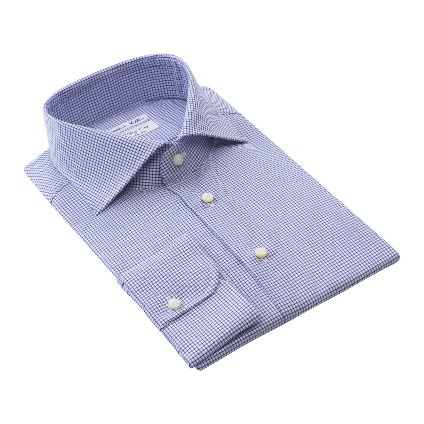 Emanuele Maffeis "All Day Long Collection" Graph-Check Cotton Blue Shirt with Cutaway Collar - SARTALE