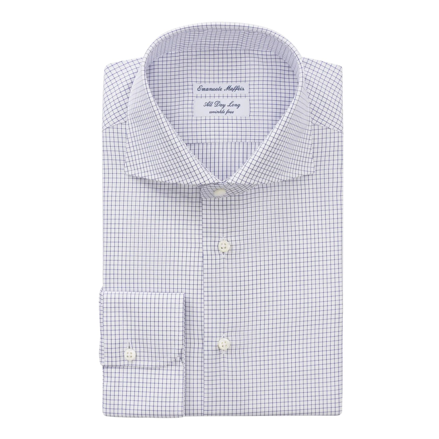 Emanuele Maffeis "All Day Long Collection" Graph-Check Cotton Blue Shirt with Cutaway Collar - SARTALE