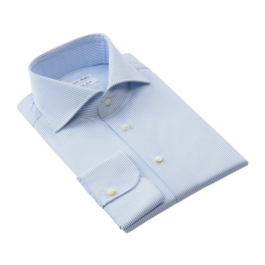 Emanuele Maffeis "All Day Long Collection" Striped Cotton Light Blue Shirt with Cutaway Collar - SARTALE