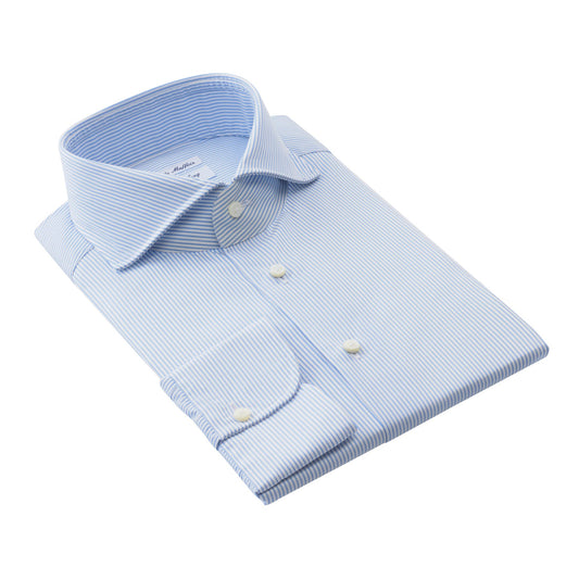 Emanuele Maffeis "All Day Long Collection" Striped Cotton Light Blue Shirt with Shark Collar - SARTALE