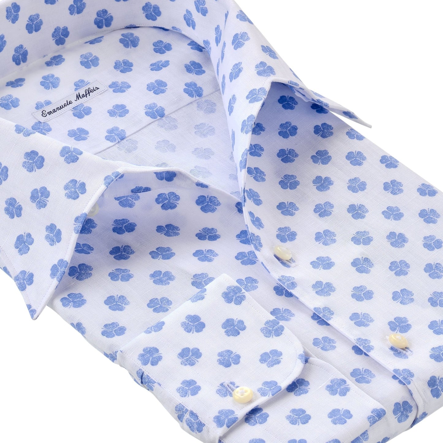 Emanuele Maffeis Cotton and Linen-Blend Shirt with Blue Clover Leaf Print - SARTALE
