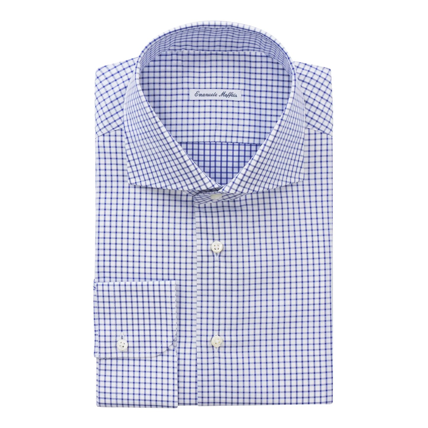 Emanuele Maffeis Finest Cotton Checked Blue Shirt with Cutaway Collar - SARTALE
