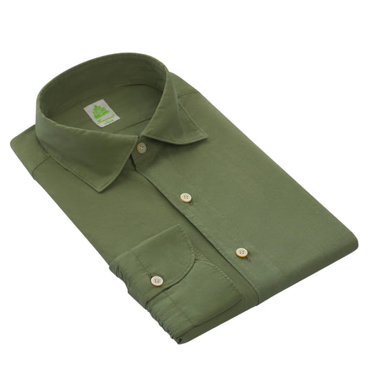 Finamore Cotton Shirt in Green with Cutaway Collar - SARTALE