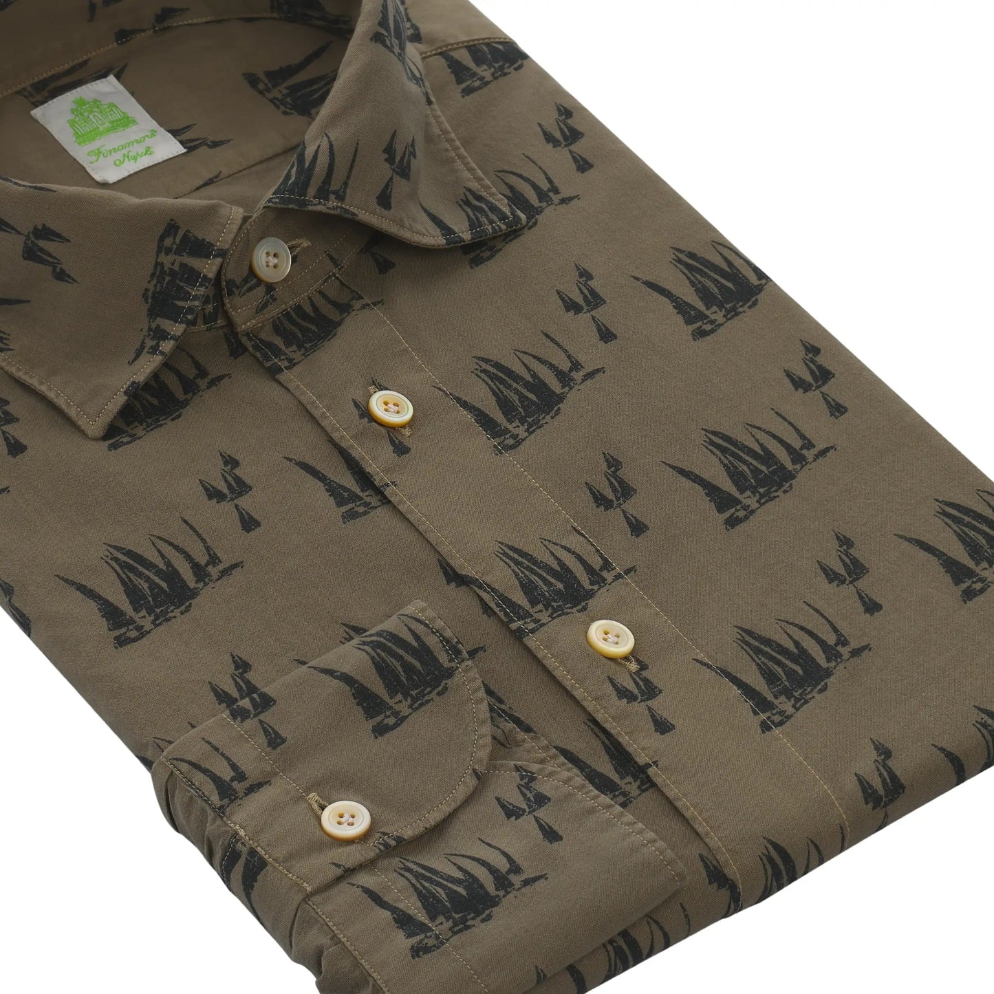 Finamore Cotton Taupe Shirt with Sailing Print - SARTALE