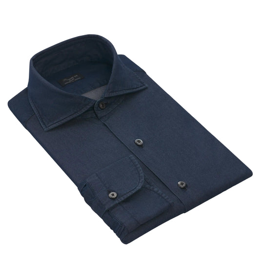 Finamore Dark Blue Cotton Shirt with Cutaway Collar - SARTALE