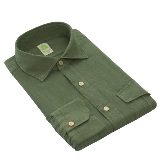 Finamore Linen Shirt in Green with Cutaway Collar - SARTALE