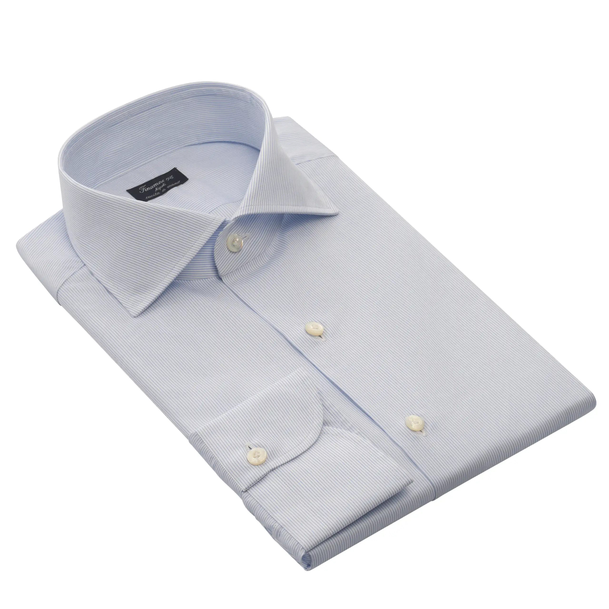 Finamore Micro-Striped Cotton Shirt in White and Blue | SARTALE