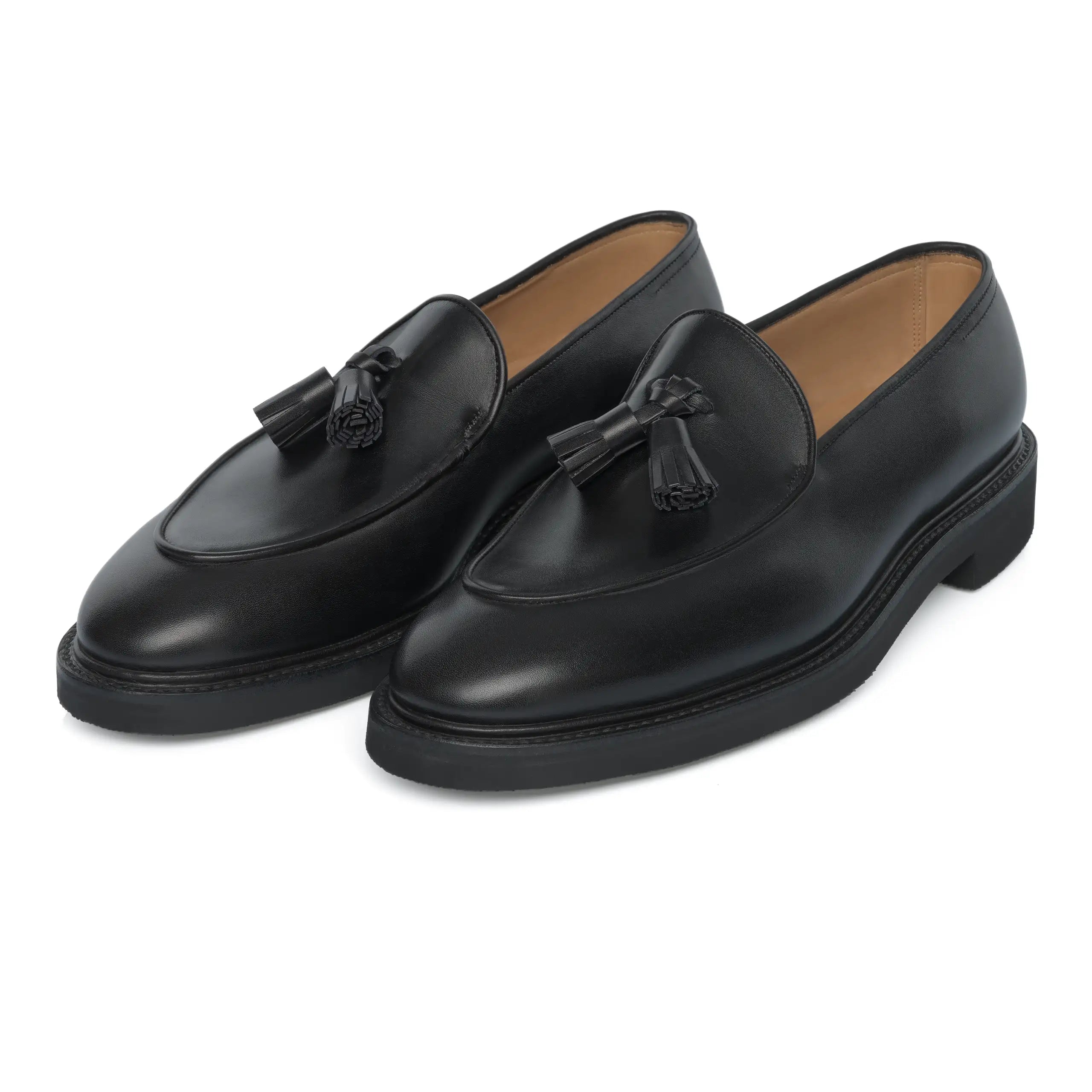 "Edmond" Leather Tassel Loafer with Hand-Stitched Apron in Black