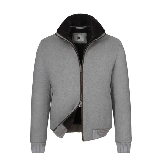 Kired Cashmere and Fur Bomber with Detachable Fur Neck in Light Grey - SARTALE