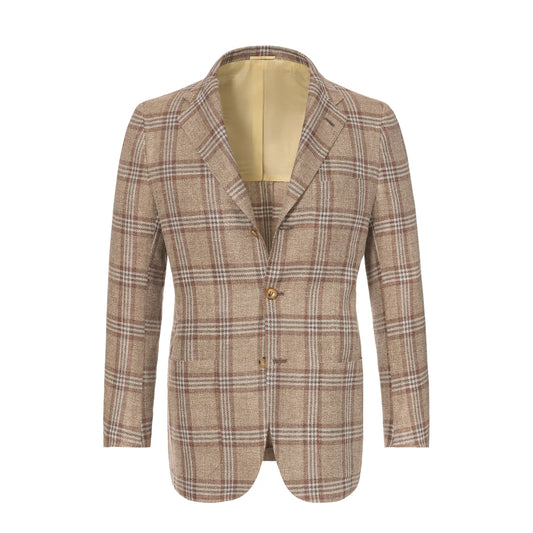 Kiton Glencheck Linen, Silk and Cotton Jacket in Brown and White - SARTALE